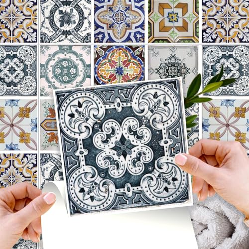 WALPLUS 24 Stück 15x15cm Korfu Farbenfroh Mediterran Mehrfarbig Wandfliesen Aufkleber Schälen und Kleben Backsplash Abziehbilder Startseite Dekore Aufkantung für Küche Badezimmer Kacheln Farbe auf