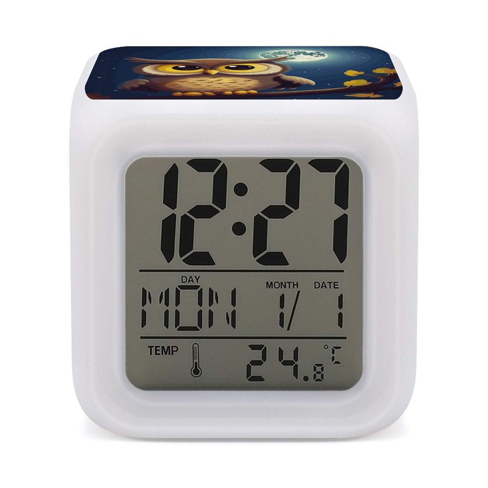 FekiLoot Owl and Yellow Moon Alarm Clock with 7 Color Changing Night Light,Battery Operated Digital Clocks with Temperature Display Tiny Electric Clock LED Sleep Timer for Room Decor