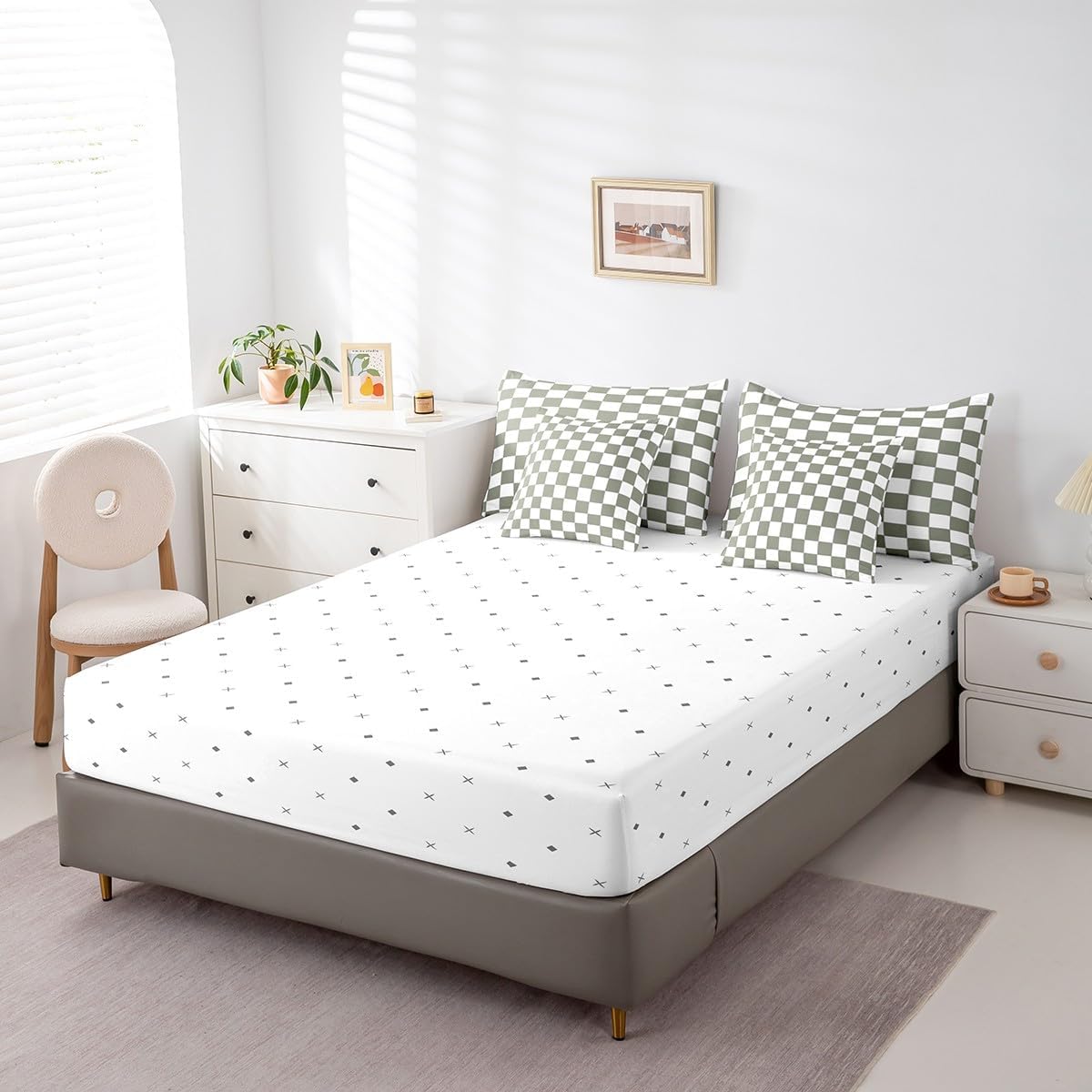 Erosebridal White Sage Green Checkered Queen Bedding Set 7 Piece Buffalo Plaid Grid Comforter Set with Sheets for Kids Adults Men Women Checkerboard Bed in A Bag Aesthetics Gingham Bed Set