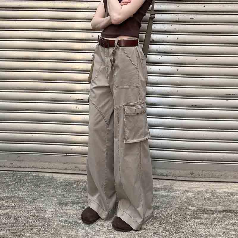 Unisex Retro Khaki Straight Leg Overalls Look Slim, mid Waist, Large Pocket Casual Pants4