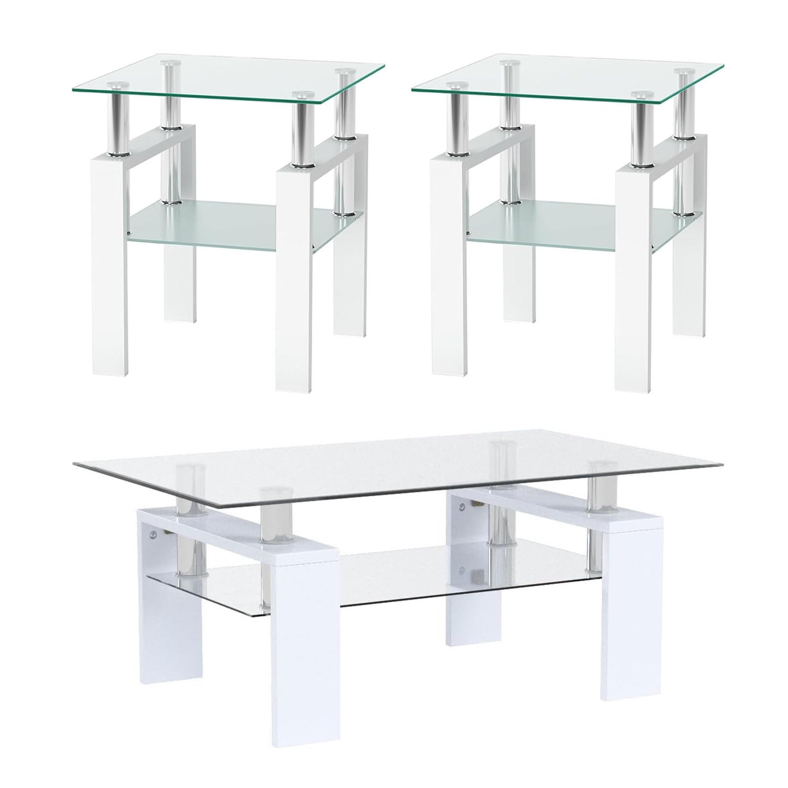 SoarFlash Modern Metal Glass Coffee Table with Sturdy Iron Legs, Side Table for Living Room, Glass Tabletop with Lower Shelf, White