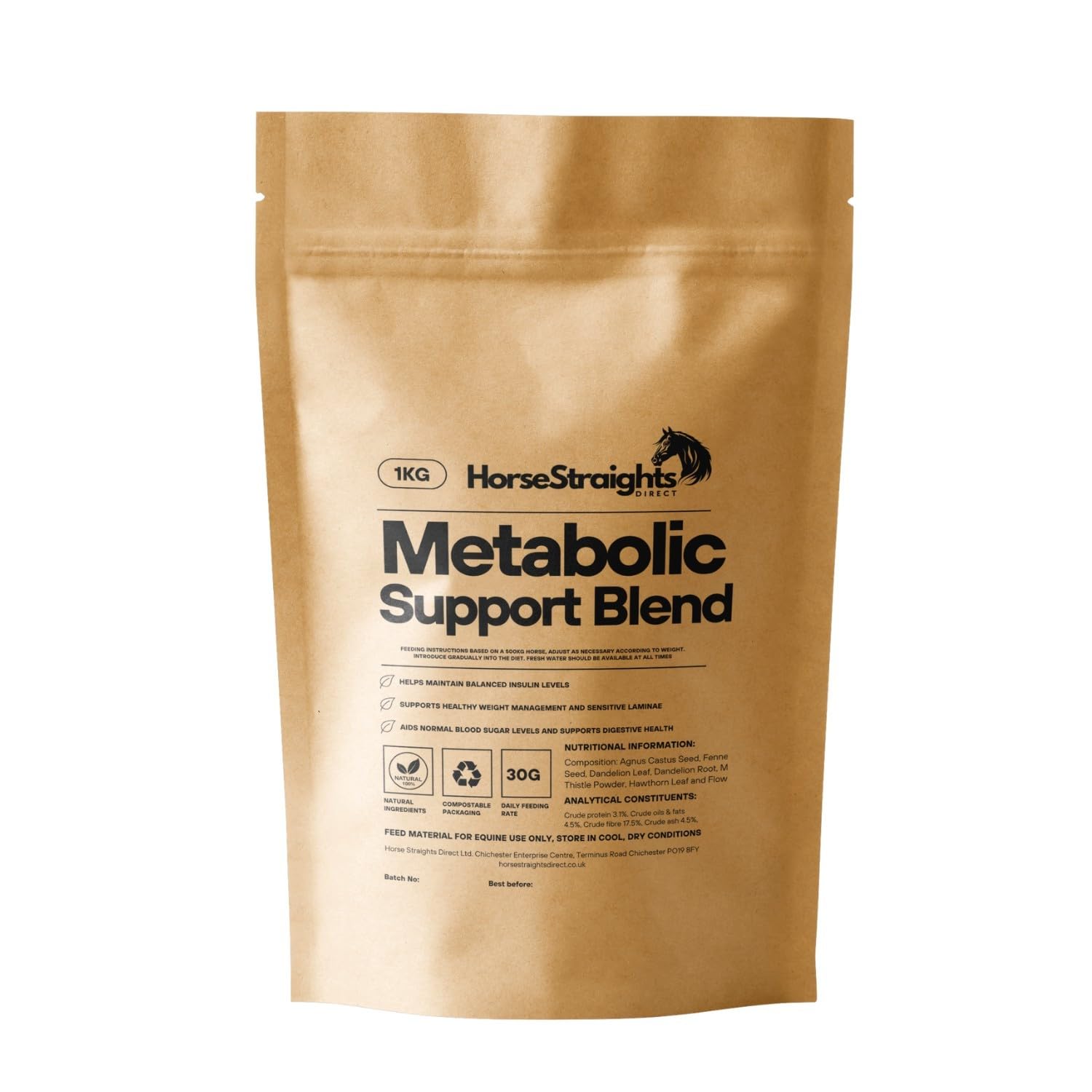 Metabolic Support Blend for Horses Insulin Balance Weight Management & Laminae Support 1KG HSD Horse Straights Direct