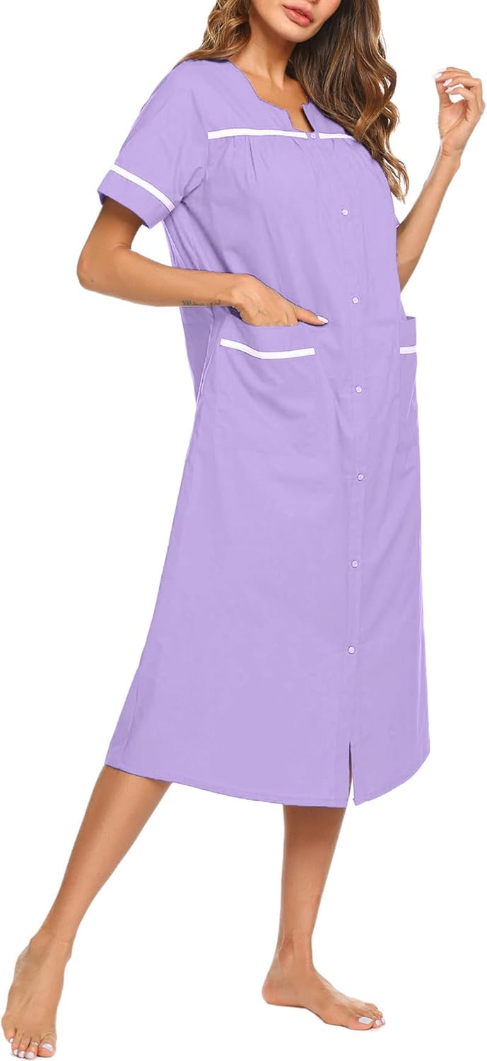 Ekouaer Womens Snap Front Dusters Cotton Housecoat Short Sleeve Nightgown House Dress With Pockets Lilac Small - Image 2