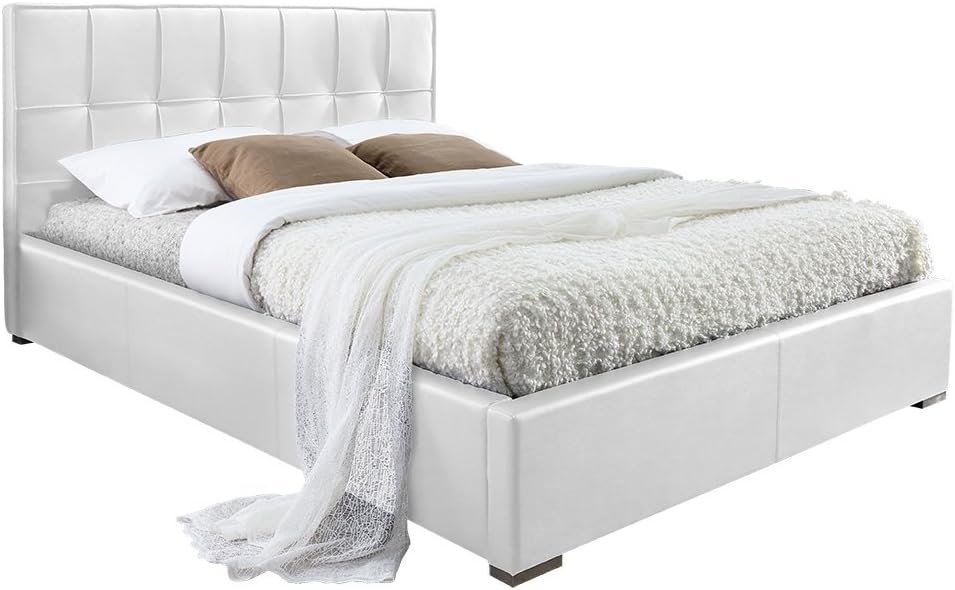 Rosalia Upholstered Platform Bed King Size White Eco Leather Tufted Headboard Wooden Frame 86" * W: 81 3/4" * H: 42"