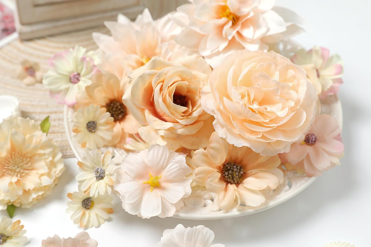 Artificial Flower Heads Combo - Champagne Silk Dahlia & Roses Fake Flowers for Wedding, Party, Graduation Cap DIY, Cake Decoration, Table Centerpieces, Home Decor - Image 8