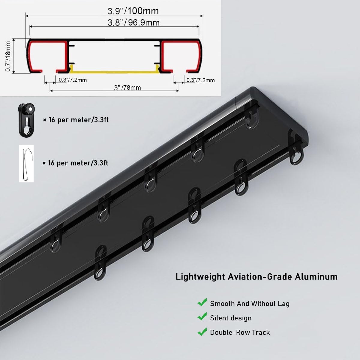 Aluminiowa szyna sufitowa ain Track, 2-kanałowa, 1 8 m, ciche rolki, łatwy montaż, solidny system do ains (czarna, 4,4 m)