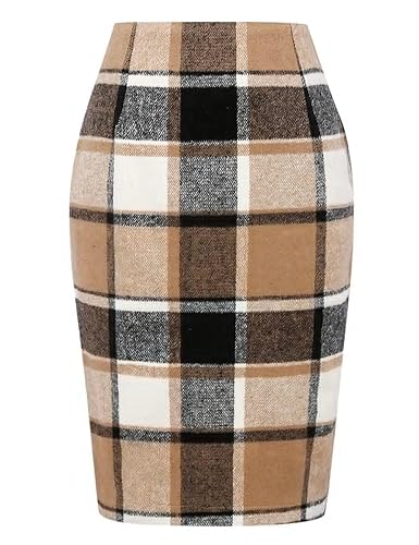Plaid Skirts for Women Fall Winter Knee Length Pencil Wool