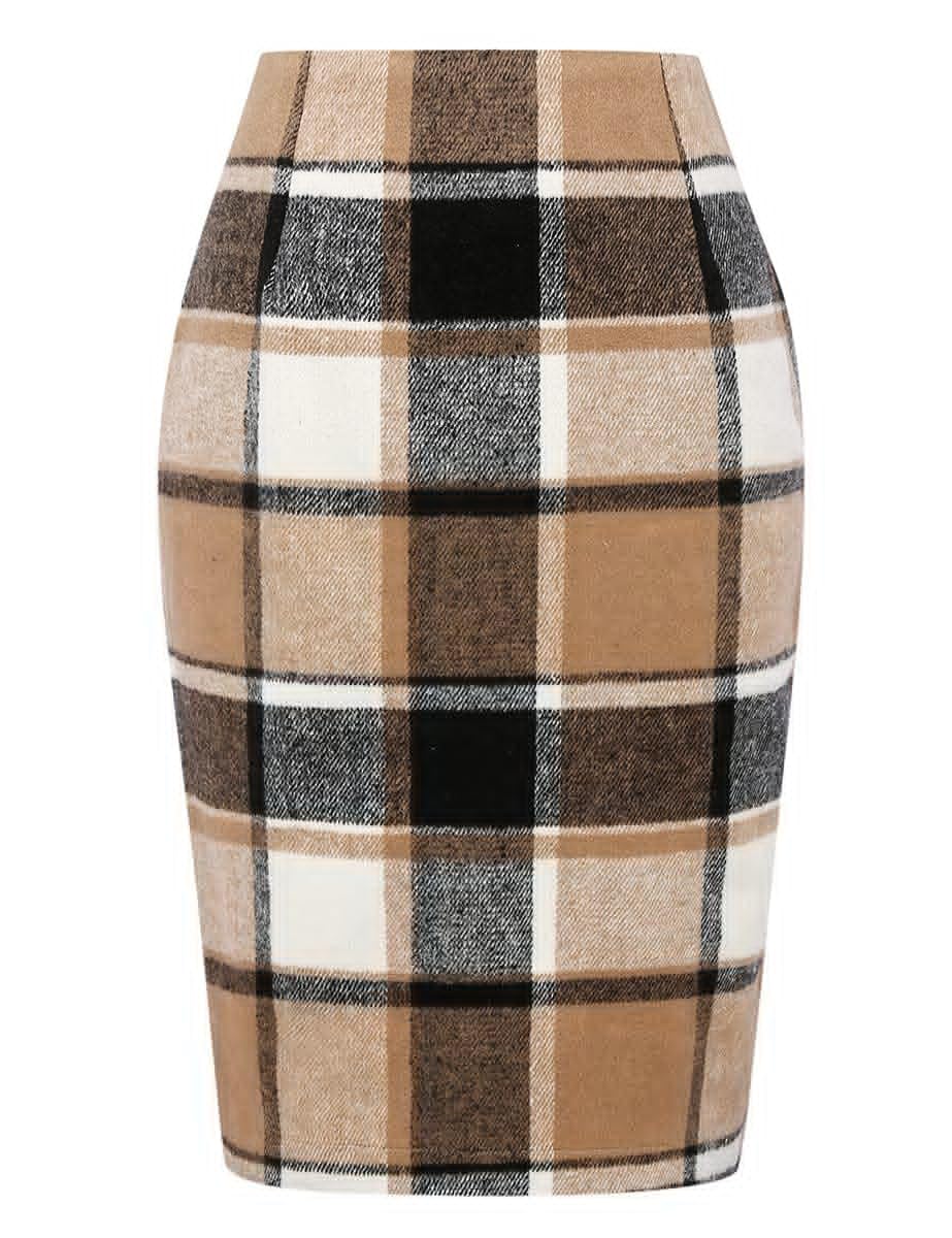 Midi Plaid Skirts for Women 2024 Fall Winter Knee Length Pencil Wool Skirt with Slit