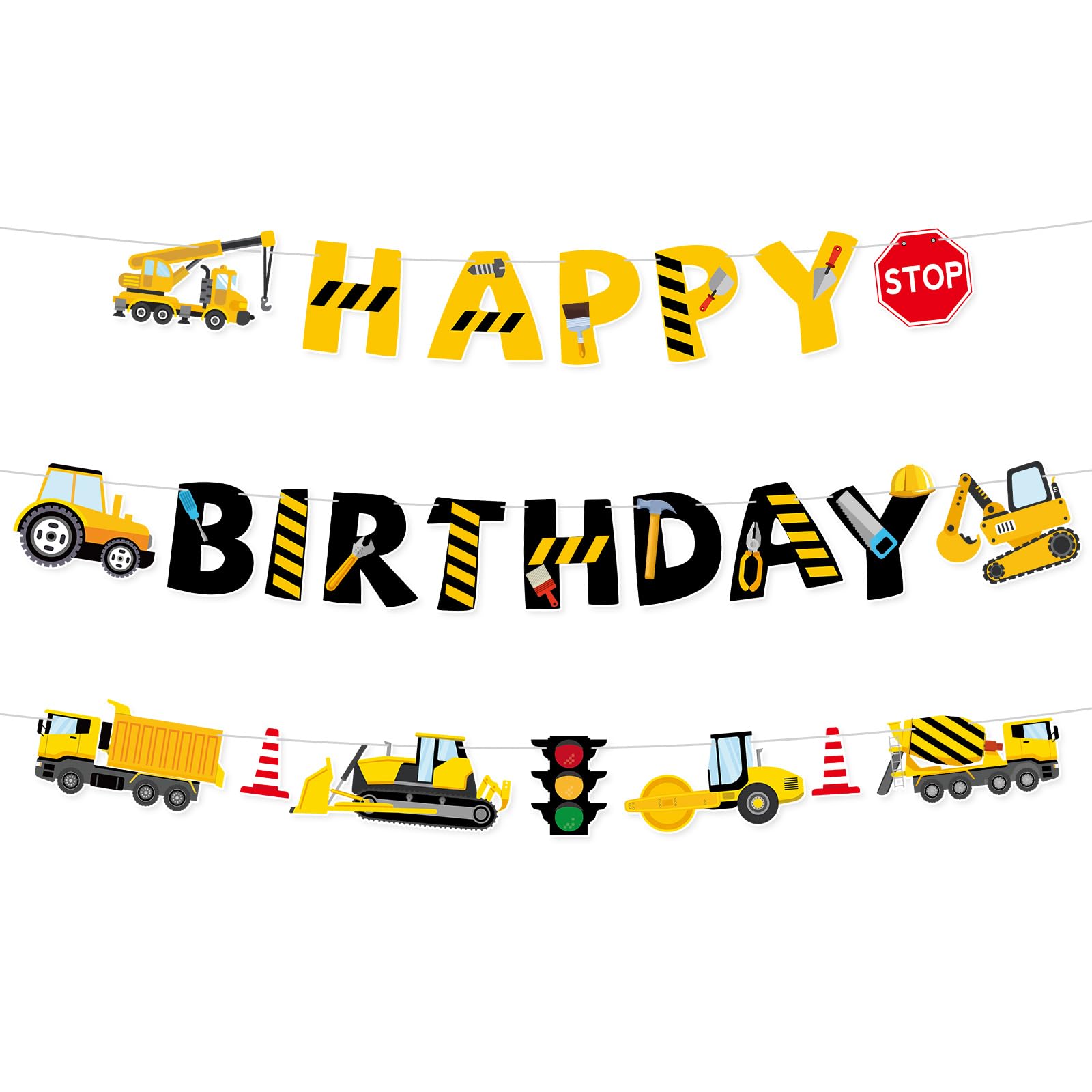 Construction Happy Birthday Banner, Pre-Strung Construction Themed Decorations Digger Excavator Truck Birthday Garland for Party Supplies