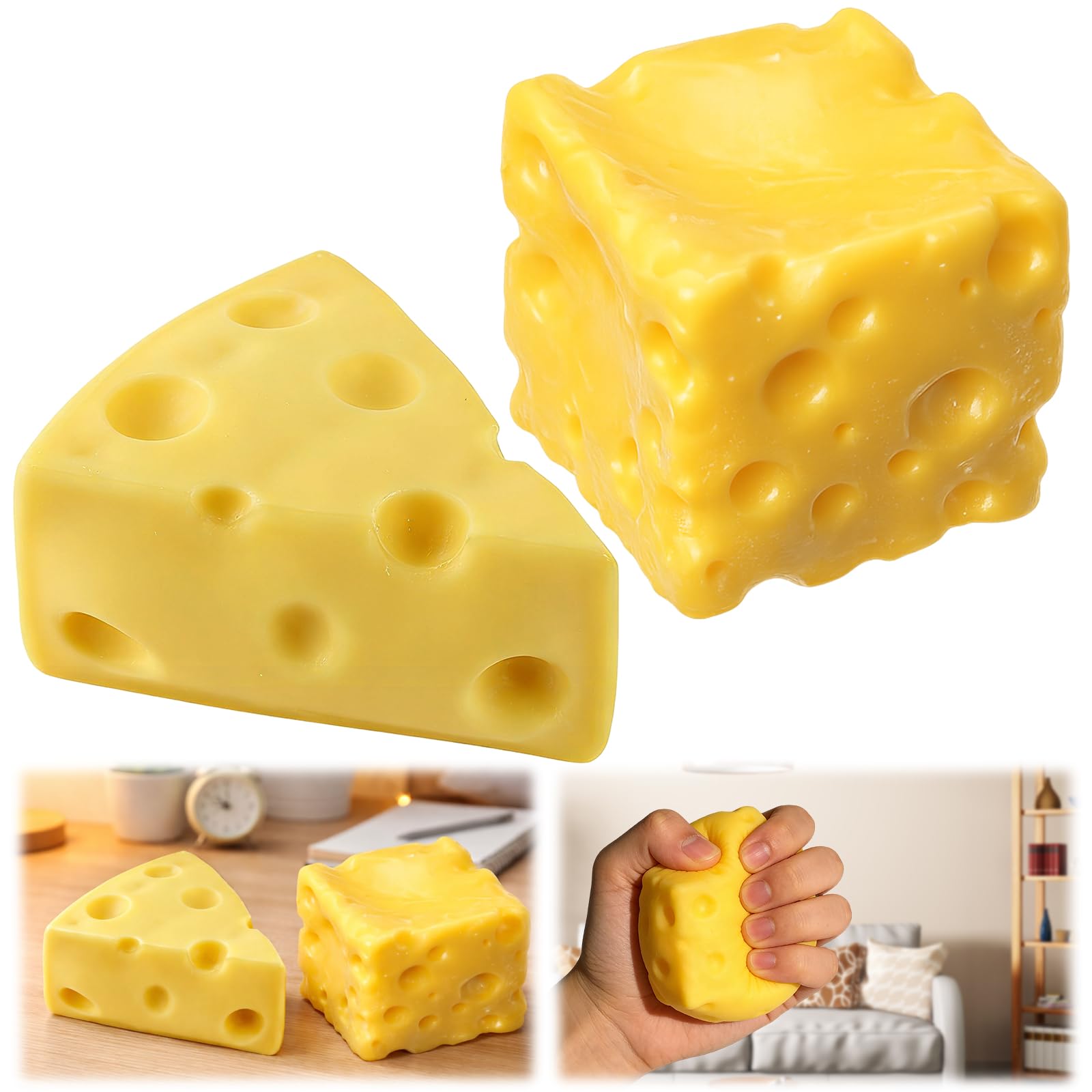 2PCS Cheese Squishy, Big Cheese Squishy for Sensory Stimulation and Focus Assistance, 5cm Cube and 6cm Triangle Shapes for Office Desk Use