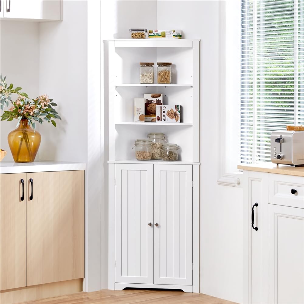 Yaheetech Mueble de Baño de Esquina Gabinete Triángulo 163x60x43cm Blanco | con 3 Estantes de Madera Abiertos y 1 Armario de 3 Alturas Ajustables con Protección Antivuelco