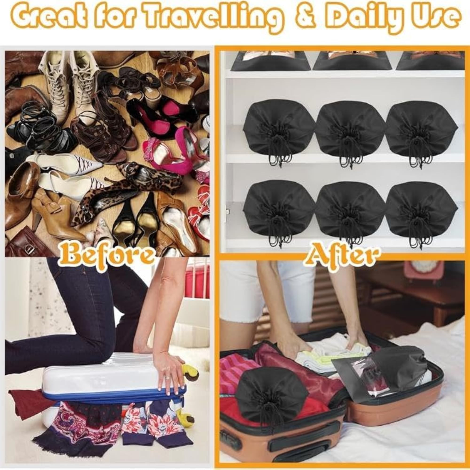 Shoe Bags for Travel & Storage with Drawstring Closure