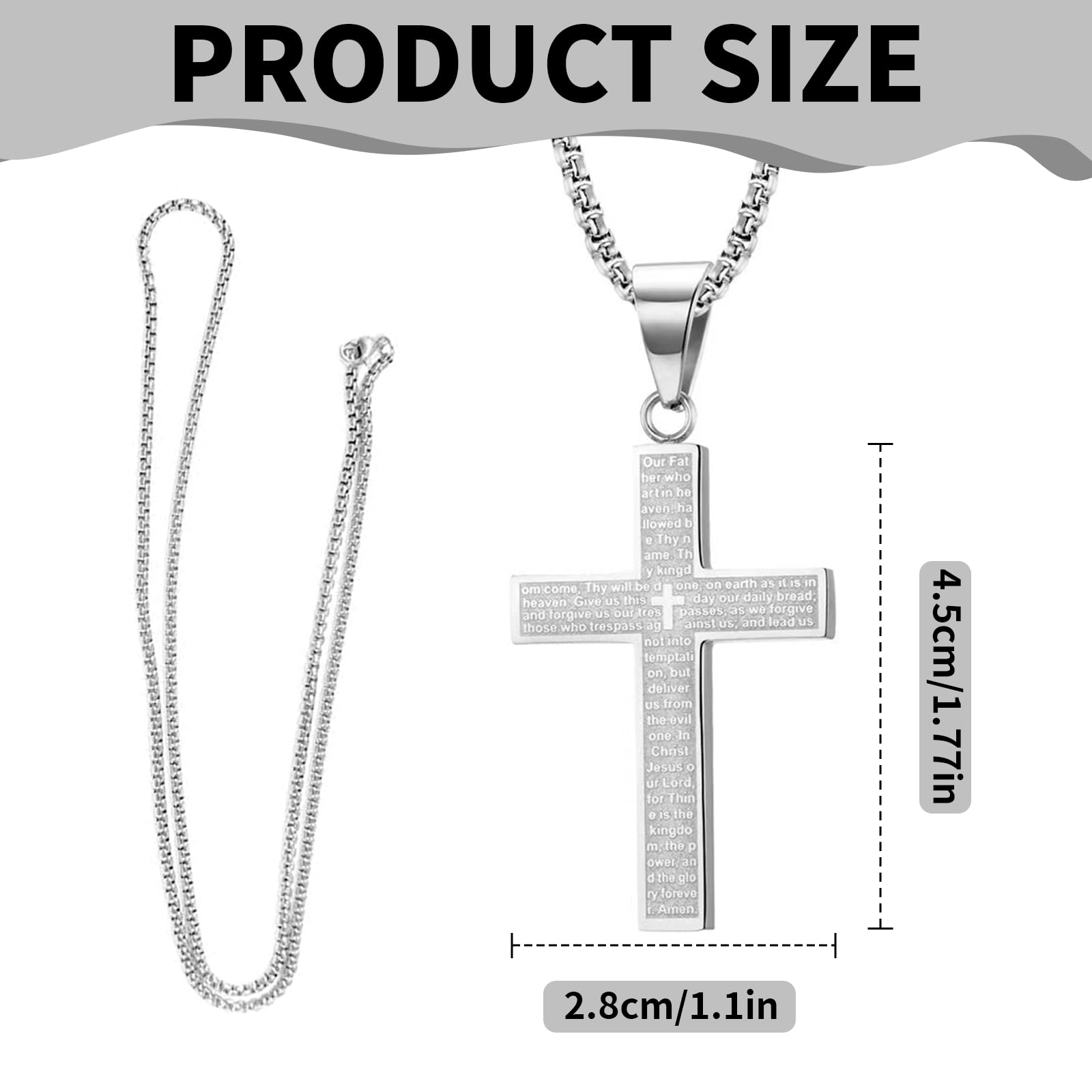 Męski łańcuszek z krzyżykiem ze stali nierdzewnej, wodoodporny, 4,5 x 2,8 cm, długość 60 cm, łańcuszek krzyżykowy z napisem, klasyczny design, prezent na chrzest, odpowiedni dla mężczyzn i chłopców