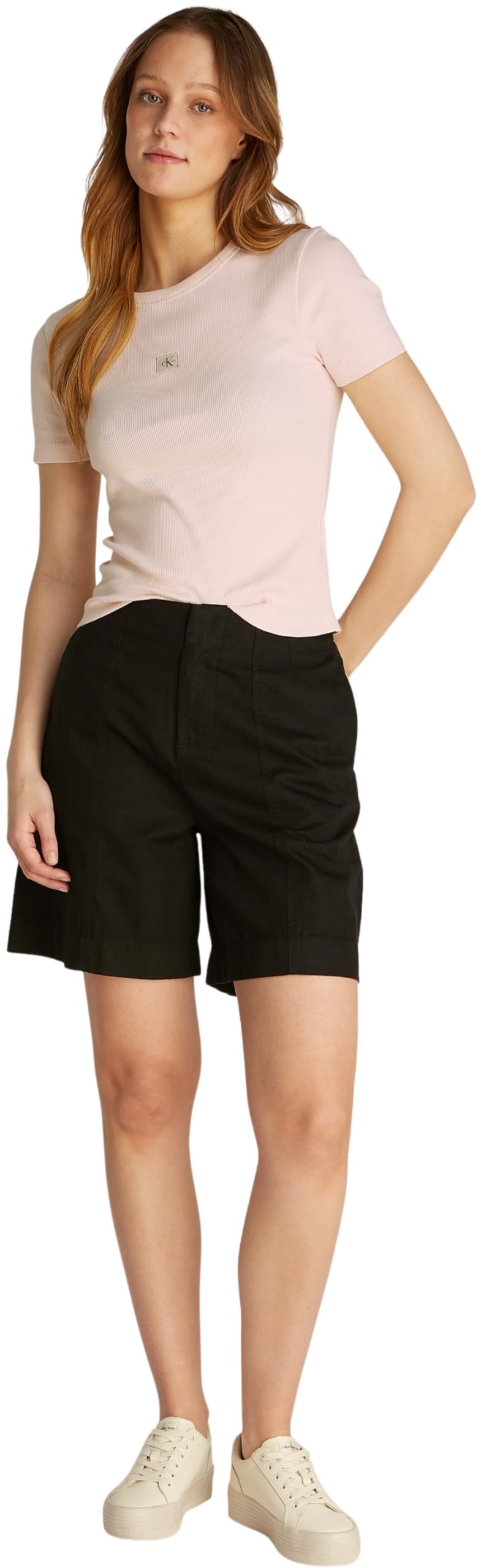 Calvin Klein Camiseta de Manga Corta Mujer Woven Label Rib tee Slim Fit