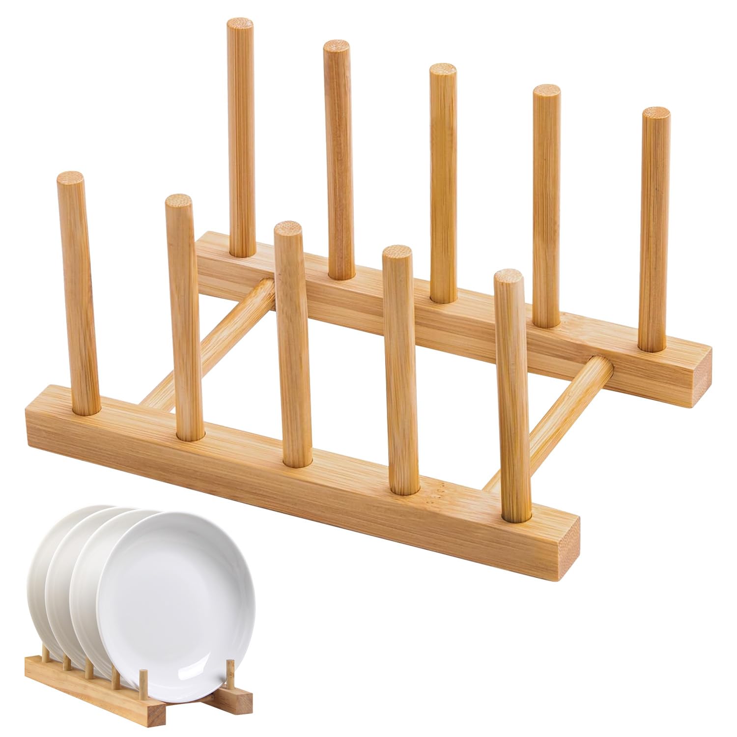 Escurridor de platos de bambú para encimera de cocina, organizador de platos de 4 ranuras para tazas, tabla de cortar, tapa de olla, libros, estante de bambú para exhibición de armario
