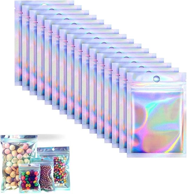 Holographic bags,holographic ziplock bags,100 Pieces Foil Ziplock Bags,Resealable Smell Proof Bags Flat Foil Pouch Metallic Bags for Party Favours Food Storage foil pouch bag(3*4.7 in)