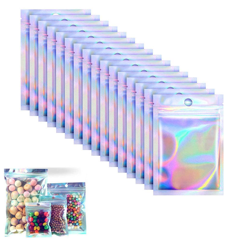 Tianlong Silver Holographic Bags,Holographic Ziplock Bags,100 Pieces Foil Ziplock Bags,Resealable Flat Foil Pouch Metallic For Party Favours Food Storage Pouch Bag(3 * 4.7 In)