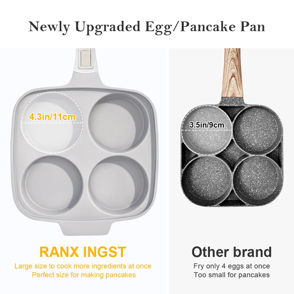 RANX INGST Sartén Grande para Huevos Fritos con Tapa 26 x 24 cm, Sartén Tortitas con Mango Extraíble, Revestimiento Cerámico Antiadherente, Sarten Tortilla de Aluminio para Desayuno, Blanco