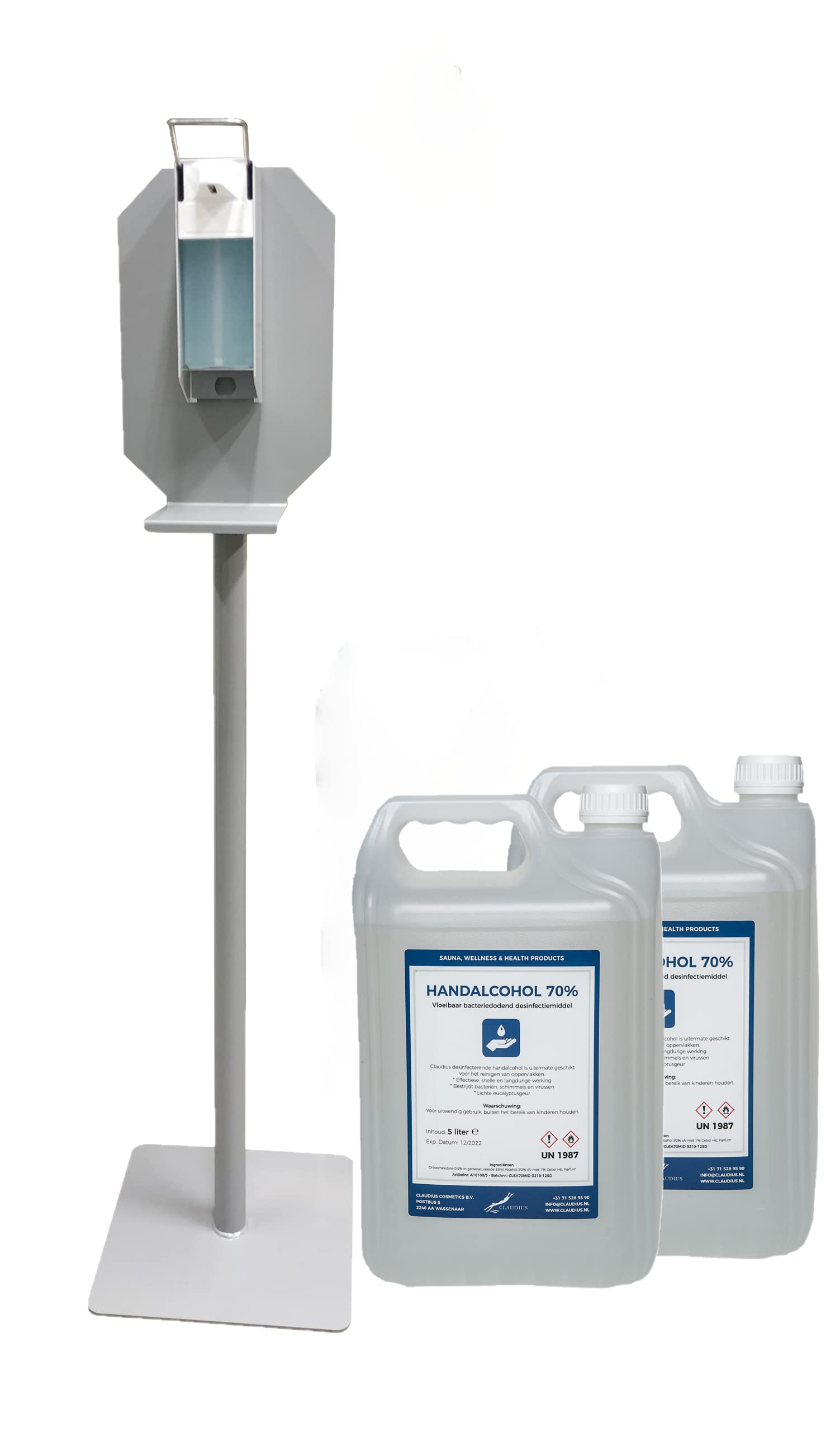Desinfektionssäule mit Fußplatte und 2 x 5L Handalkohol Nachfüllung