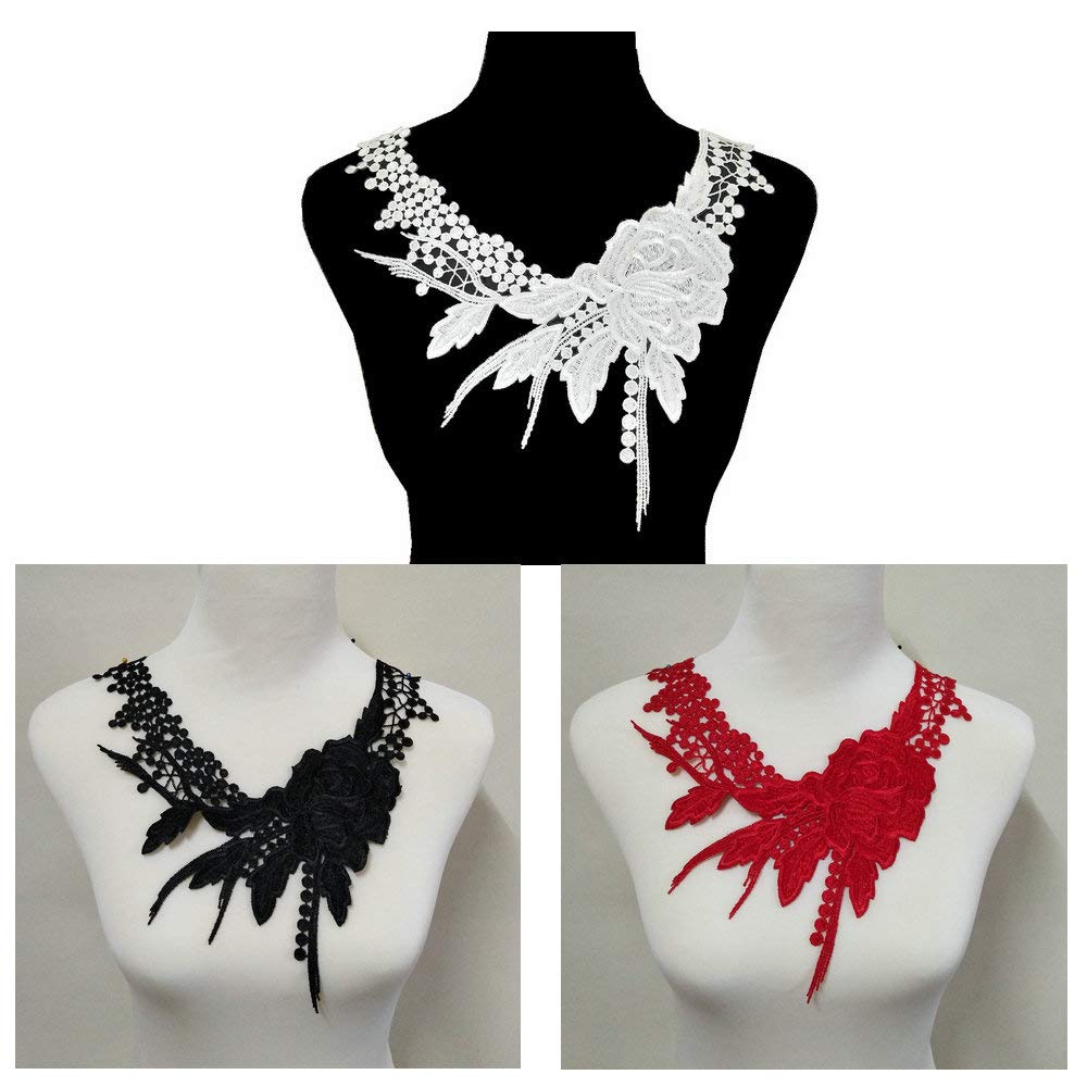 3 pc Red/Black / White Embroidery Intertwined Vines Floral Lace Neckline Fabric DIY Collar Lace Fabrics for Sewing Supply Crafts（1 Styles 3 Colors）