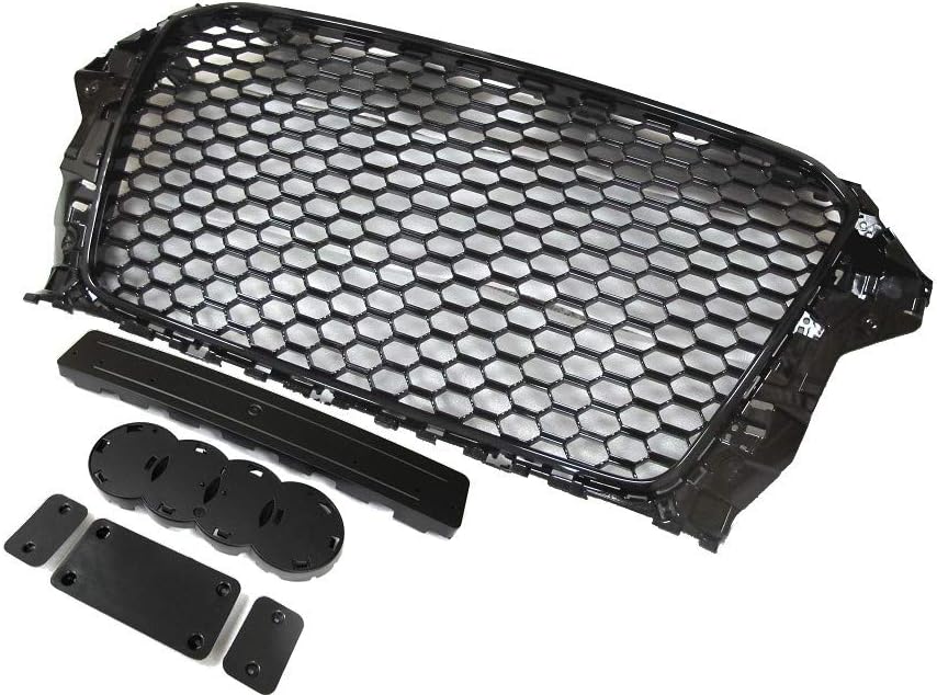 RS3 Style Front Mesh Grille Glossy Black Without PDC Hole, With Logo Base, With Bracket License Plate For AUDI A3 S3 RS3 2013-2016