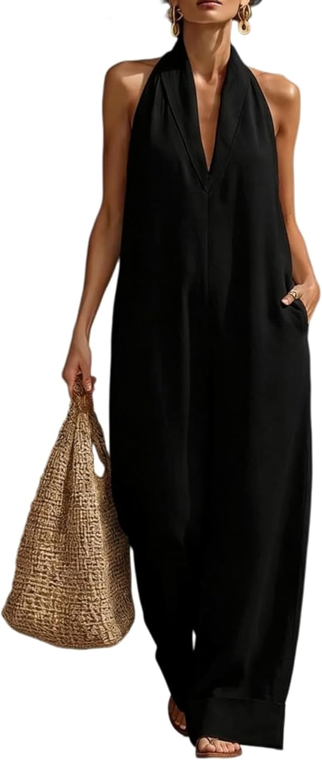 Minimalist and Elegant Cozy Linen Jumpsuit, Plus Size Friendly Loose Sleeveless Romper with Pockets for Summer Travel