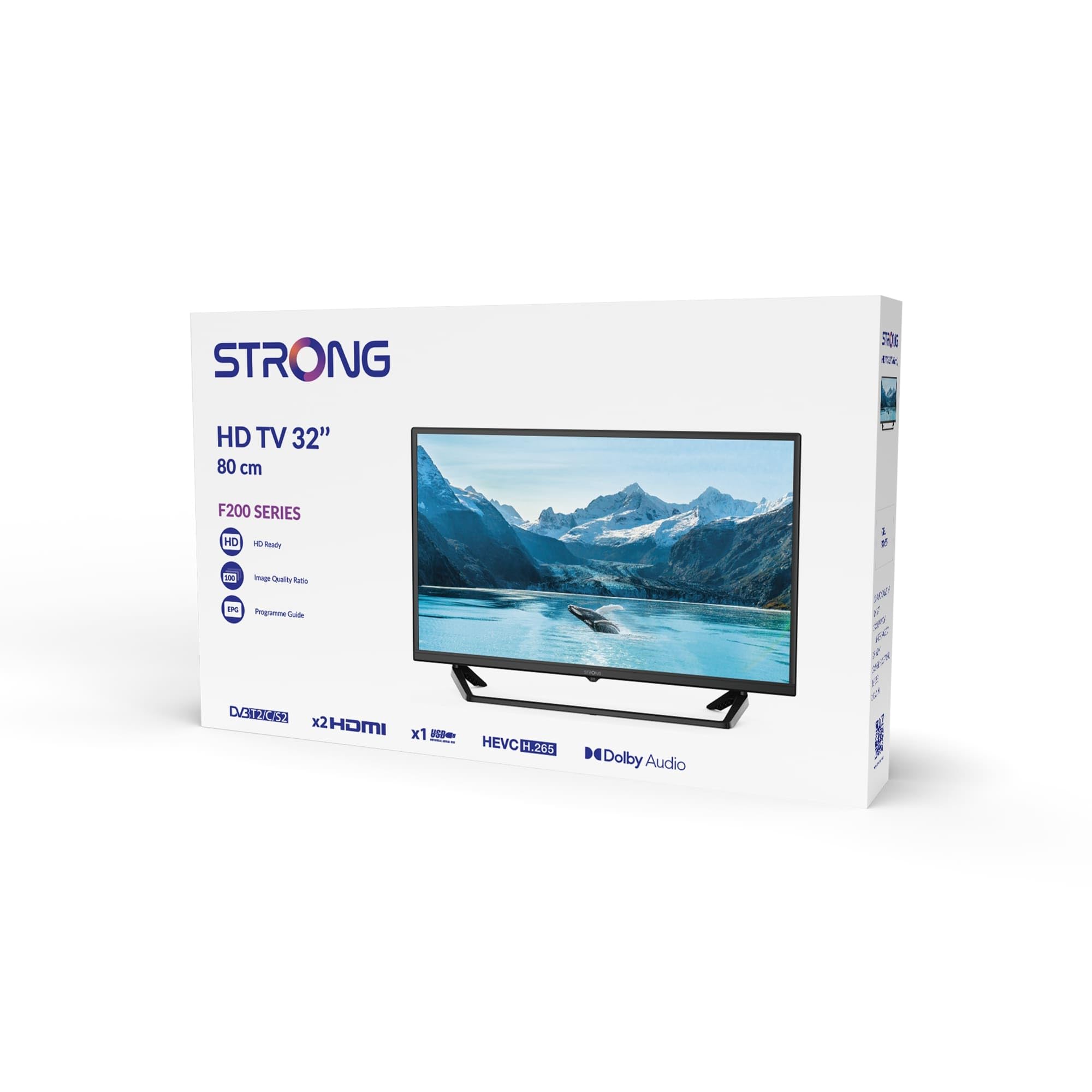 STRONG - Télévision HD 32" (80 cm) SRT32HF2003C-Noire | Triple Tuner Intégré - 2 Ports HDMI (1 ARC) + 1 Port USB + Mini-AV + Prise Antenne/Sat