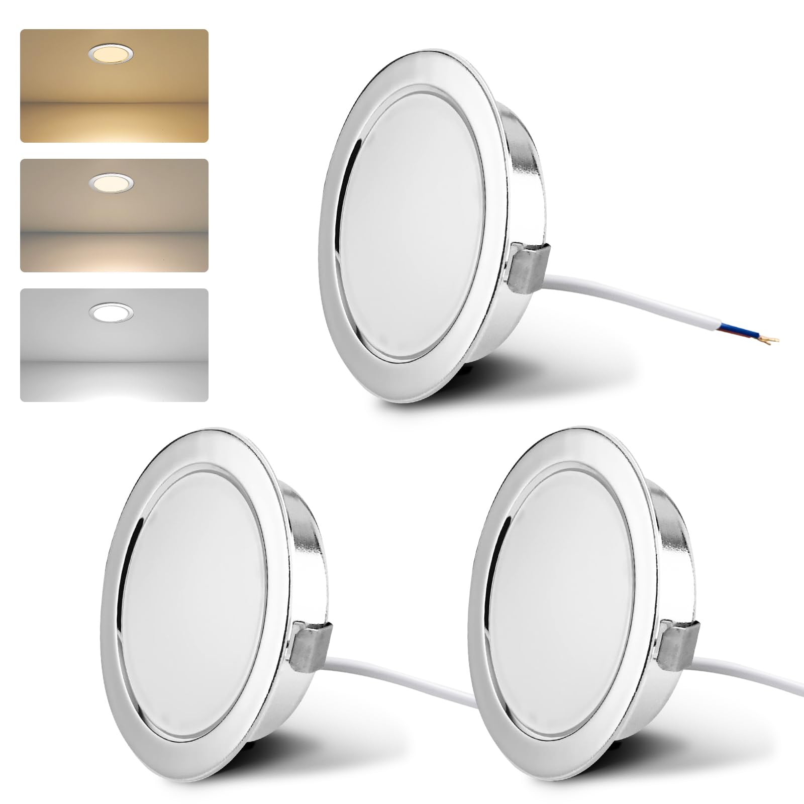 KYOTECH LED Furniture Recessed Light 230V 4W 3 Color Temperature 3000K/4000K/6000K G4 LED 300LM Furniture Spotlight, Bore Hole 55-58mm and 20mm Flat, Brushed Stainless Steel Chrome - Set of 3 — image 1