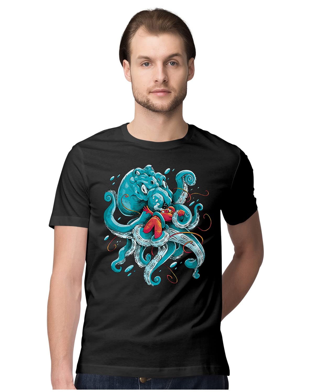 HeybrohMen's Regular Fit T-Shirt Giant Octopus - Diver Attact 100% Cotton T-Shirt