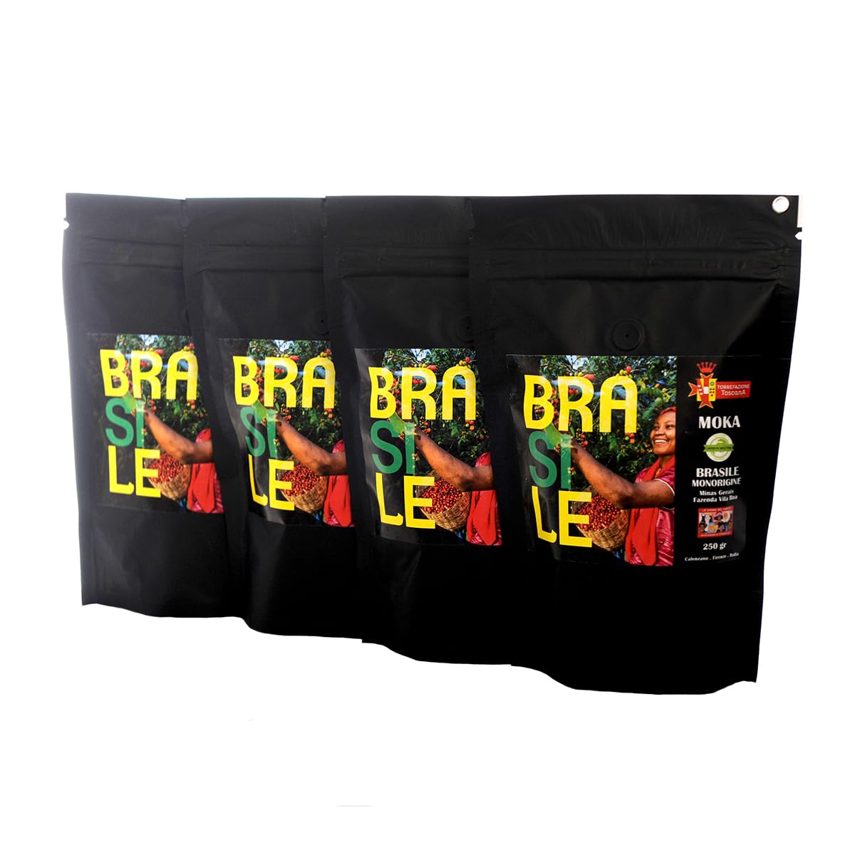 Caffe macinato per moka monorigine Brasile, 100% arabica, dolce, pack da 4 x 250 g, tostato medio