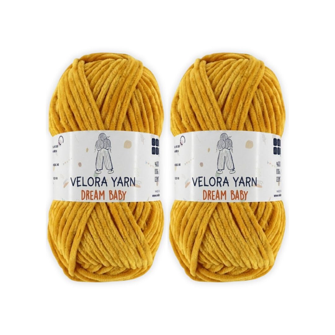 Velora Dream Baby Chenille Yarn Soft Thick Chunky Yarn Skein 100g 120m, Machine Washable for Knitting&Crochet Blanket, Amigurumi, Scarf, Hat,Sweater,Plushies (VY016-Mustard, Pack of 2)