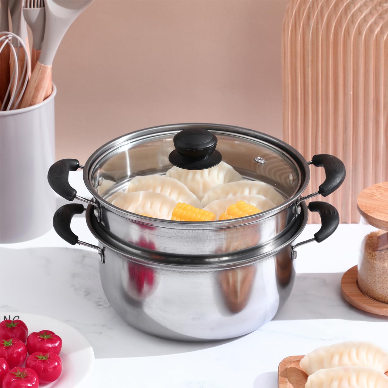 PRETYZOOM Marmite Vapeur Inox 20 Cm Cuiseur Vapeur Compatible Induction Pot Profond Pour Cuisine Maison LéGumes Fruits De Mer