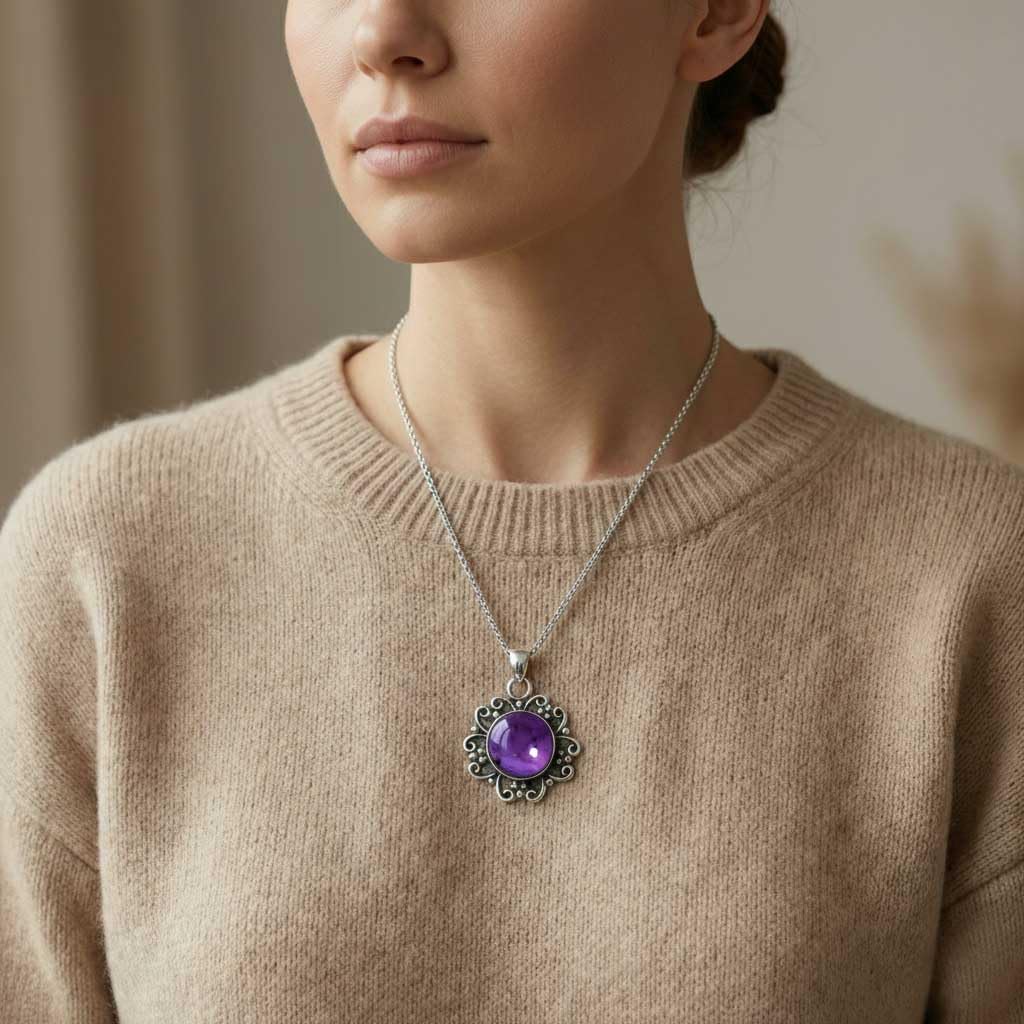 925 Sterling Silver Overlay Handmade Jewelry Round Moonstone, Rose Quartz, Garnet, Turquoise Chunky Natural Gemstone Boho Pendant Necklace For Women