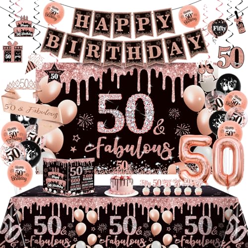 50th Birthday Decorations 53 Pcs Rose Gold Black Set