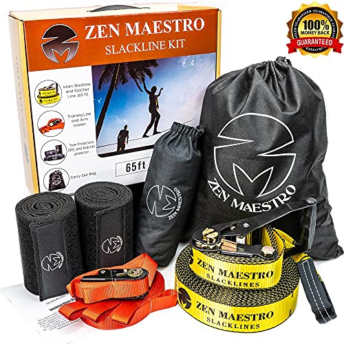 Slackline Kit 65Ft Slack Line Complete With Tree & Ratchet Protectors Optional Training Line Arm Trainer Carry Bag, Zen Maestro Instruction Booklet Outdoor Backyard Slack Line Fun For Kids And Adults #TOP7