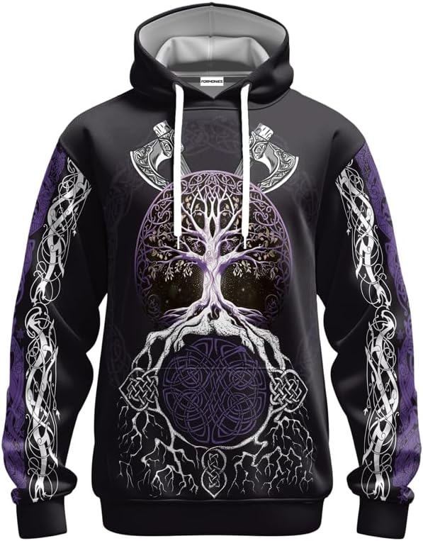Viking Men's Hooded Collar Drawstring Hoodie Graphic Print Oversized Pullover Shirts with Pocket