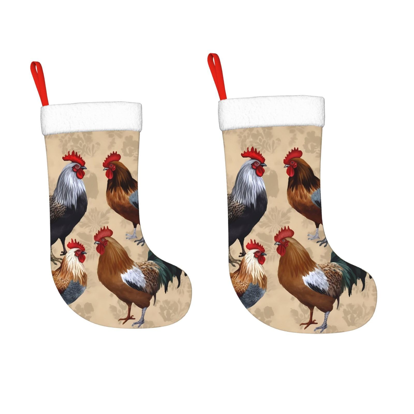 KLOPH 2 Pack 18 Inches Christmas Stockings Personalized Rooster and Chicken Print Xmas Stocking Hanging Decoration Fireplace Stocking for Holiday Xmas Tree Christmas Fireplace Decor Gifts