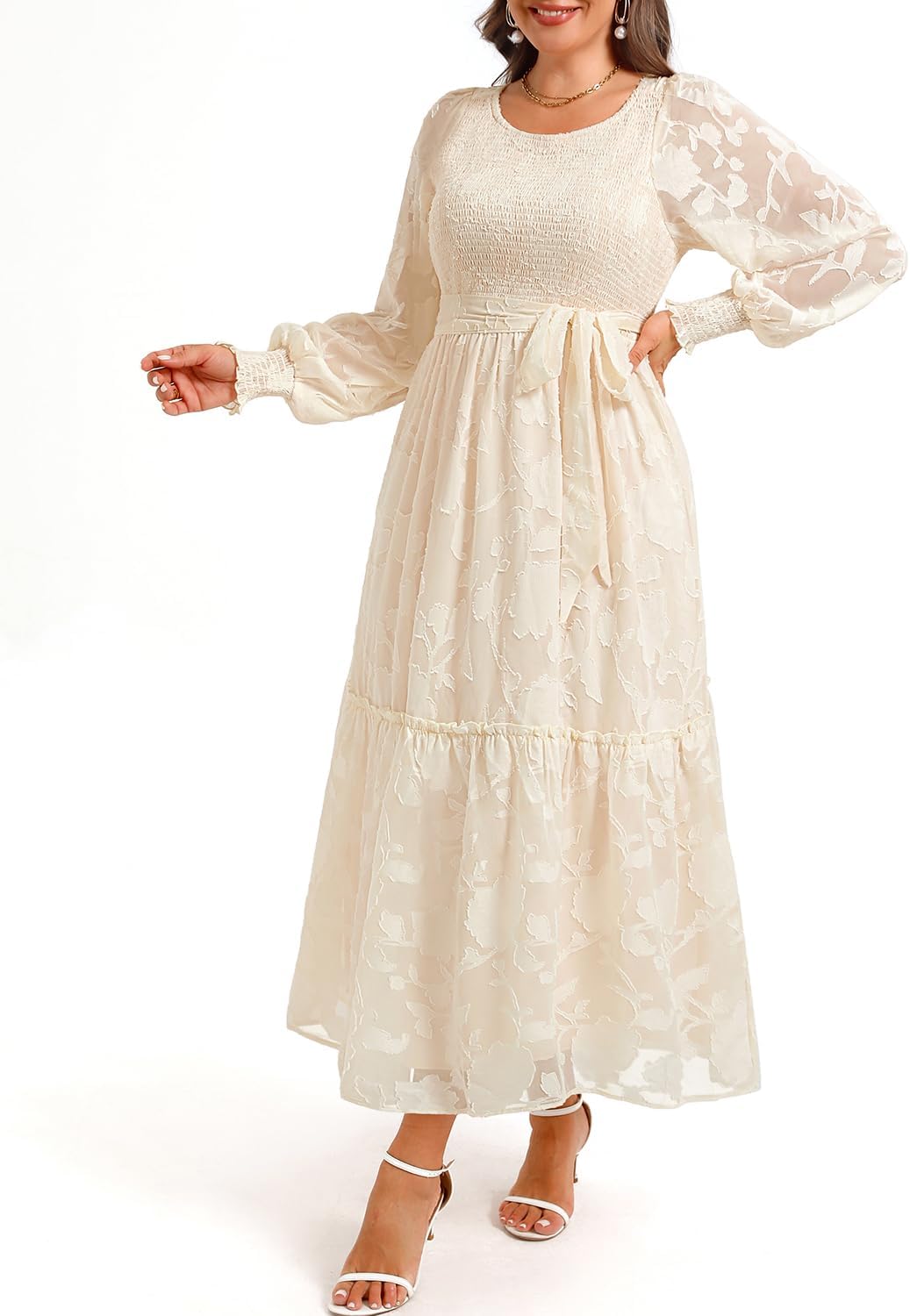 Pinup Fashion Plus Size Fall Dress - 2025 Wedding Guest Long Sleeve Floral Lace Long Dress with Belt - Image 4