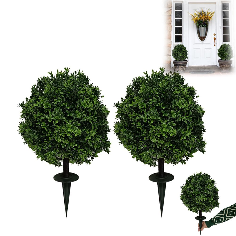2 piante artificiali per esterni, 40,6 cm, in bosso artificiale, con picchetto, resistenti ai raggi UV, per interni, giardino, cortile, portico, patio