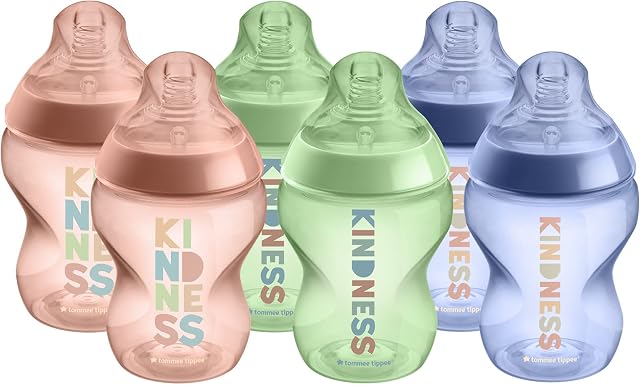 Tommee Tippee Closer to Nature Baby Bottles, Slow-Flow Breast-Like Teat with Anti-Colic Valve, 260ml, Pack of 6, Be Kind Multicoloured