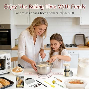 Sourdough Starter Kit, 18Pcs Bread Making Accessories, Includes 9 inch Round & 10 inch Oval Rattan Bread Proofing Basket, User Manual, Sourdough Starter Jar, Danish Whisk, Bread Lame for Baking Lover