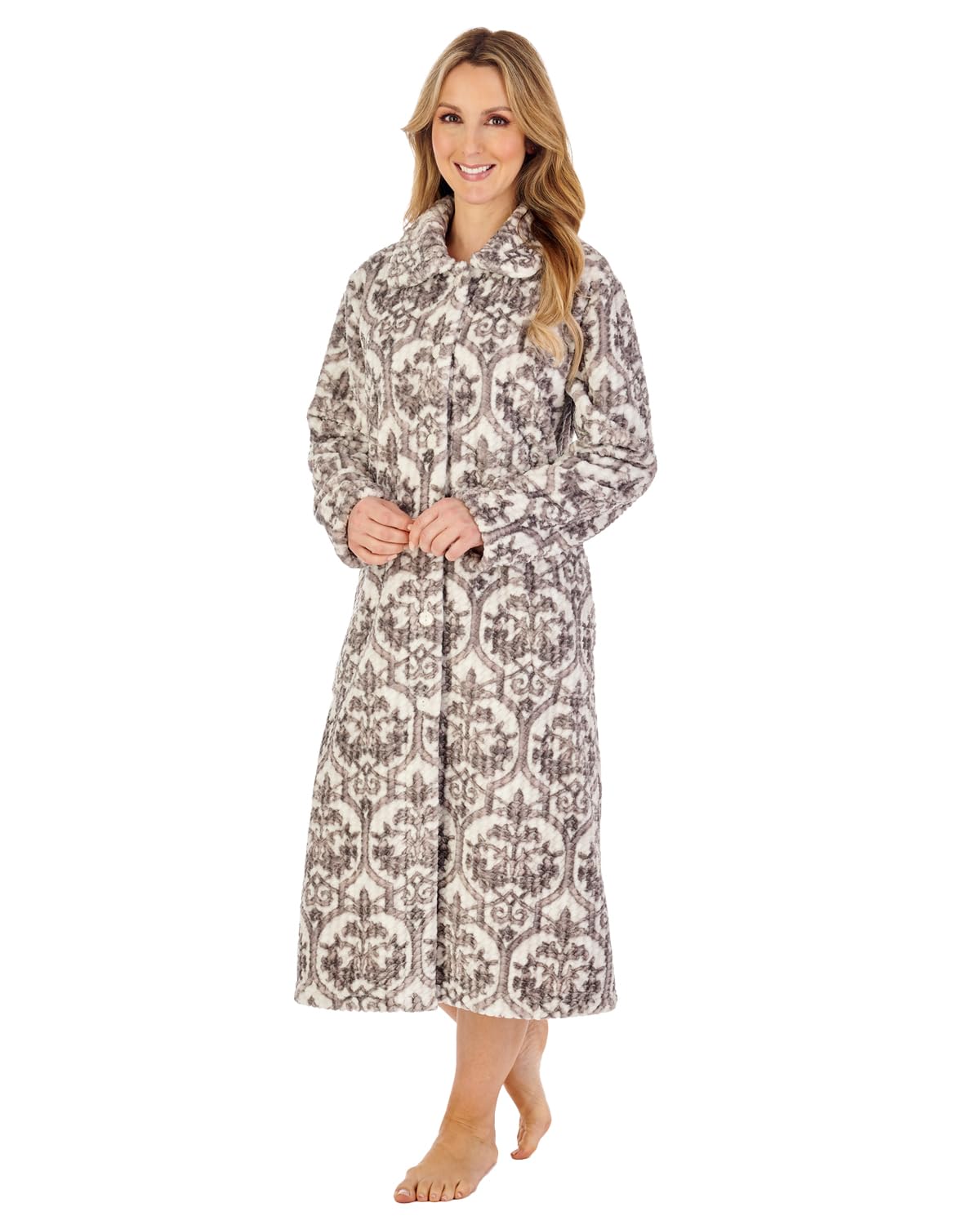 Slenderella Ladies Waffle Fleece Damask Dressing Gown Button Front Housecoat Robe XL (Grey)