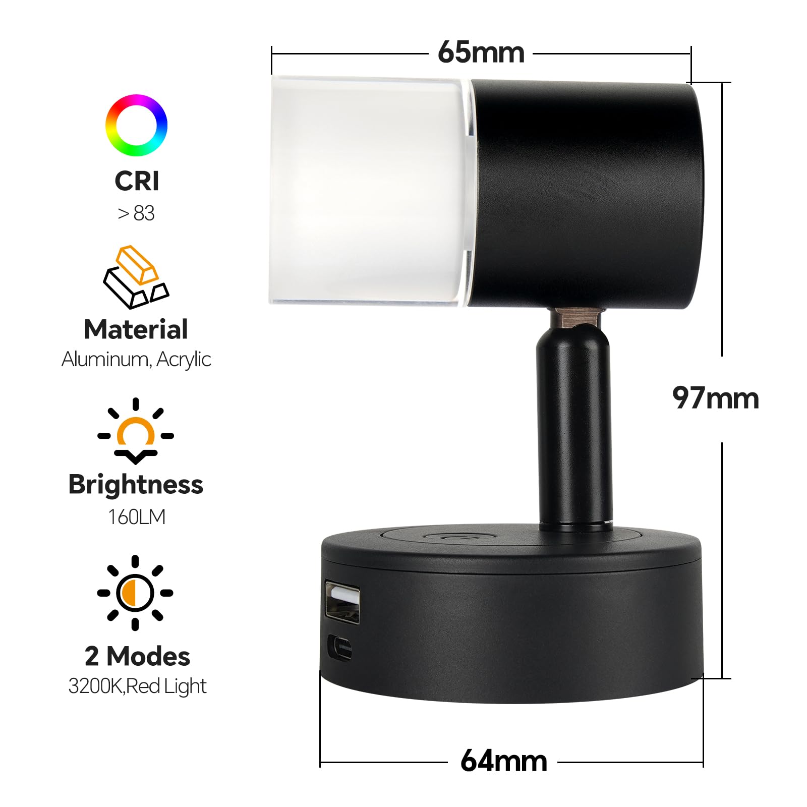 acegoo Luz de Lectura LED 12V Lámpara de Pared Regulable DC12-24V con Cargador USB para Barco Autocaravana Caravana Camper Cabina Camión Iluminación Interior, 3200K/Luz Nocturna Roja Negro