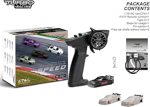 Miniatura 13 de Turbo Racing - Coche RC Drift a escala 1:76 con Gyro Mini Full Proporcional RTR 2.4GHZ Control remoto con 2 carcasas reemplazables (C64 Green-Drift)