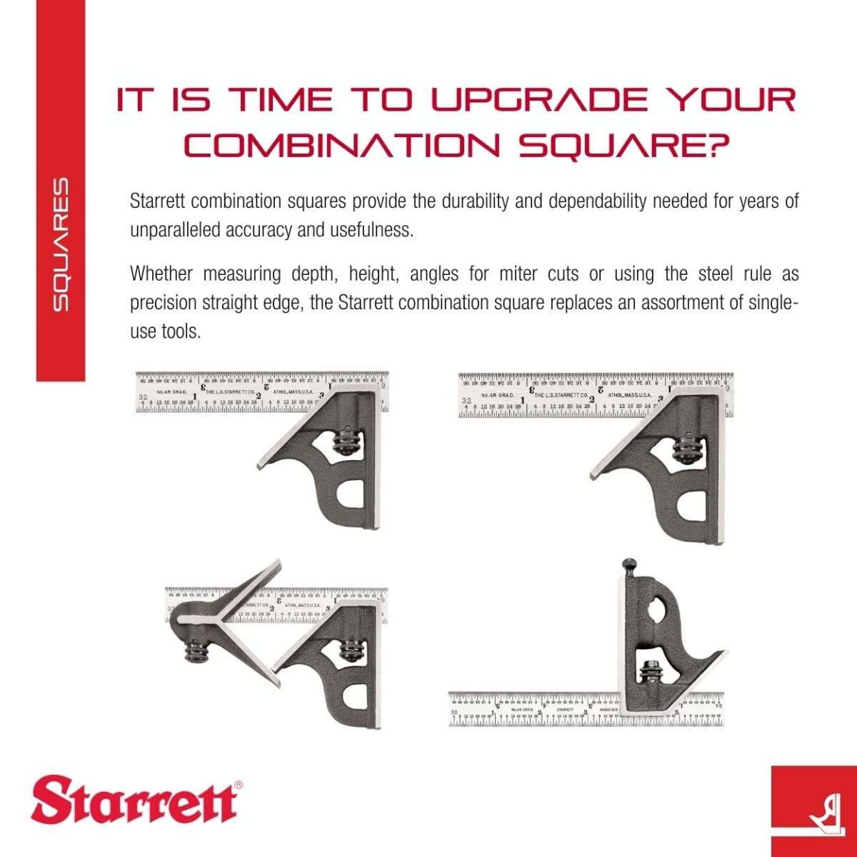 Starrett 11H-6-4R - Combinación cuadrada de 15,24 cm con cabezal de hierro fundido y acabado de arrugas negras