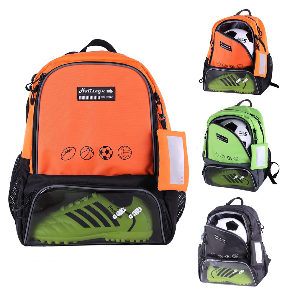 Holisogn Youth Soccer Bag - Premium and Fashion Soccer Backpack for Basketball, Volleyball, Football and Rugby with Separate Ball Compartment and Waterproof Cleat Compartment (Power Orange HLS023)