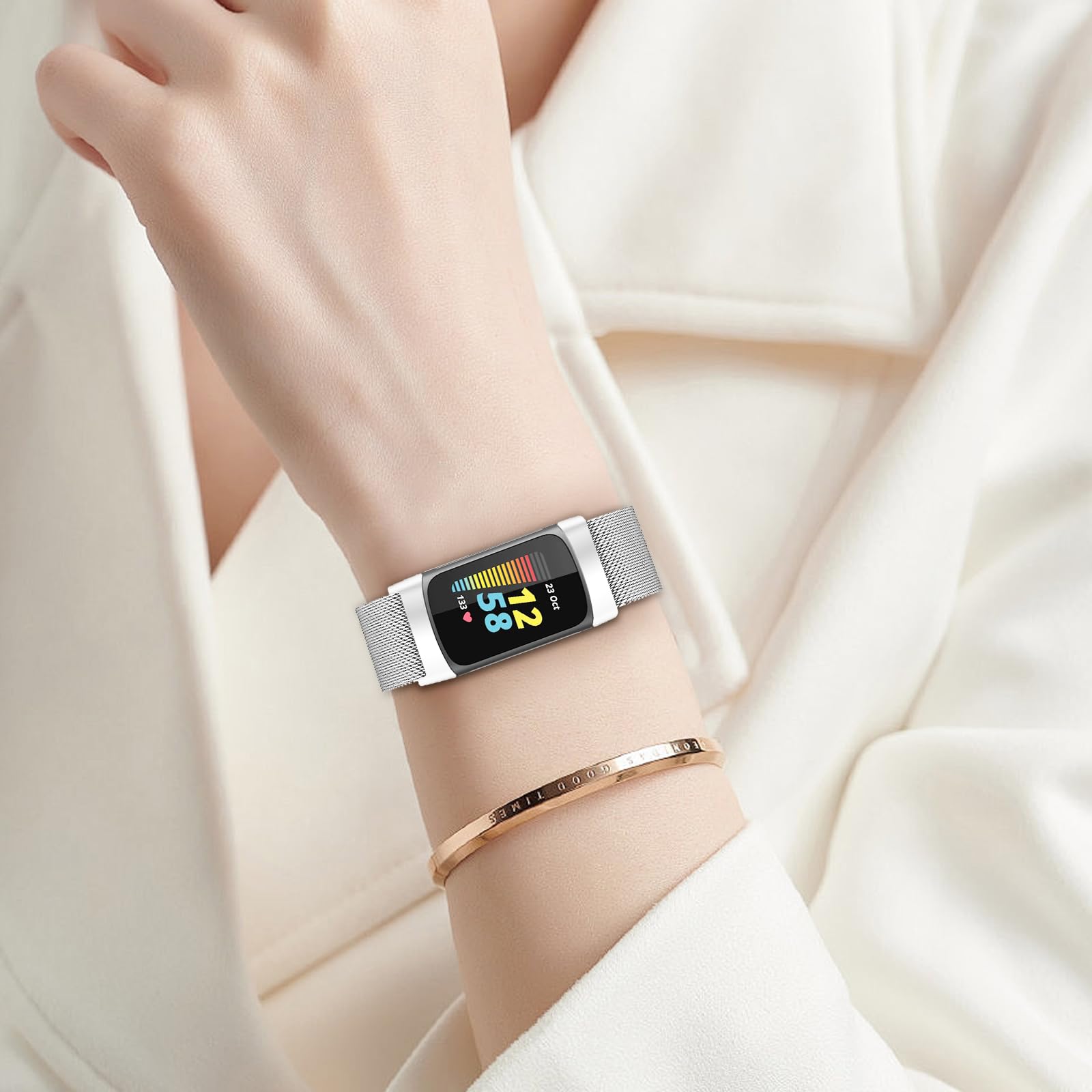 ELUTENG Cinturino Compatibile con Fitbit Charge 6/Fitbit Charge 5 Cinturino per Donne Uomini, 2 Pezzi Bracciale di Ricambio in Metallo in Acciaio Inossidabile con Magnete Migliorato, Nero & Argento