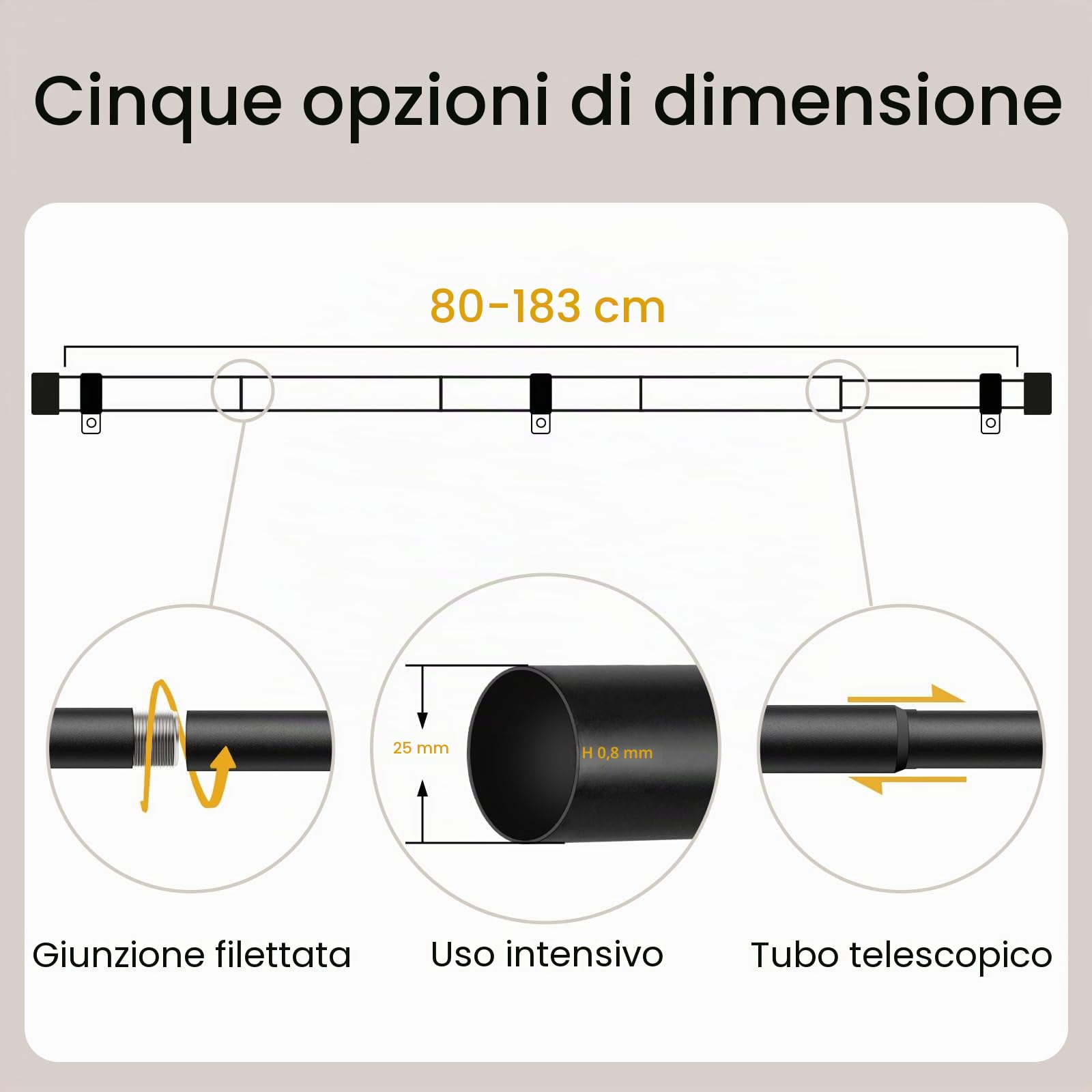 Bastone per Tende Nero, 80-183 cm Regolabile, Asta Estensibile con Terminali a Cilindro e Staffe
