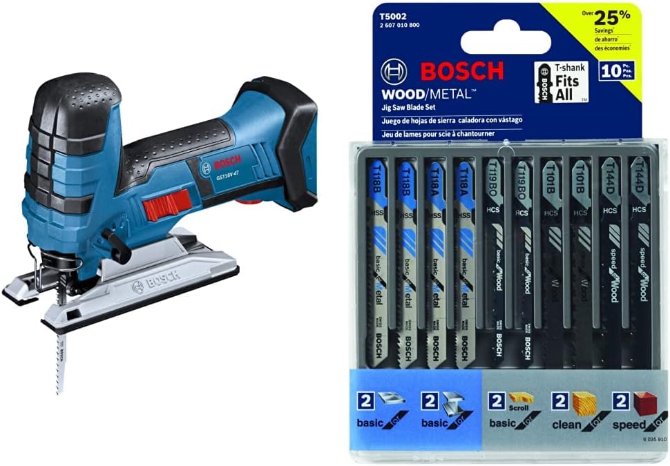 BOSCH GST18V-47N 18V Barrel-Grip Jig Saw (Bare Tool), Blue&BOSCH T5002 T-Shank Multi-Purpose Jigsaw Blades, 10 Piece, Assorted, Jig Saw Blade Set for Cutting Wood and Metal