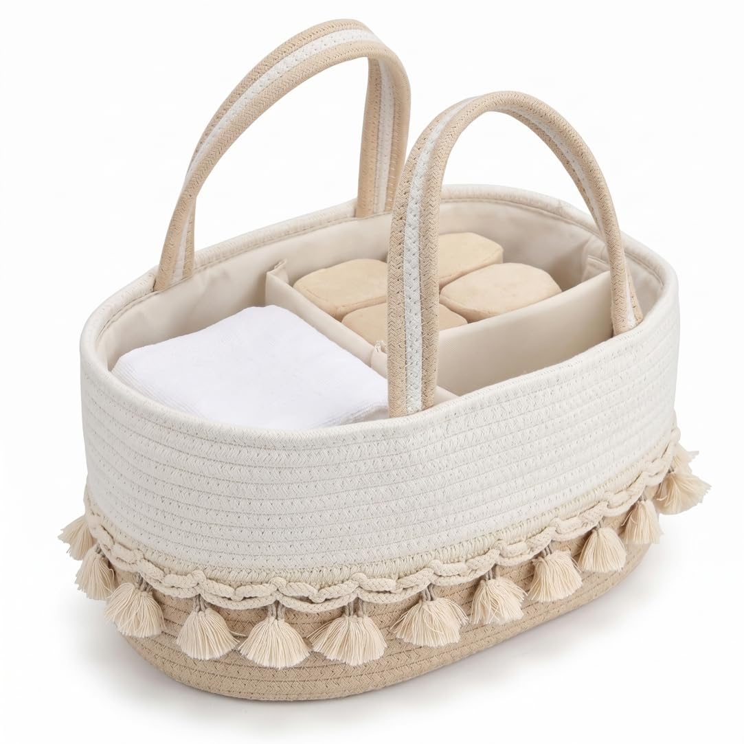 Monetais Baby Diaper Caddy Organizer with Detachable Dividers, Hand-woven Nursery Basket with Tassel Handles, Khaki & White, 14.17x8.66x7.09 Inch Baby Diaper Caddy